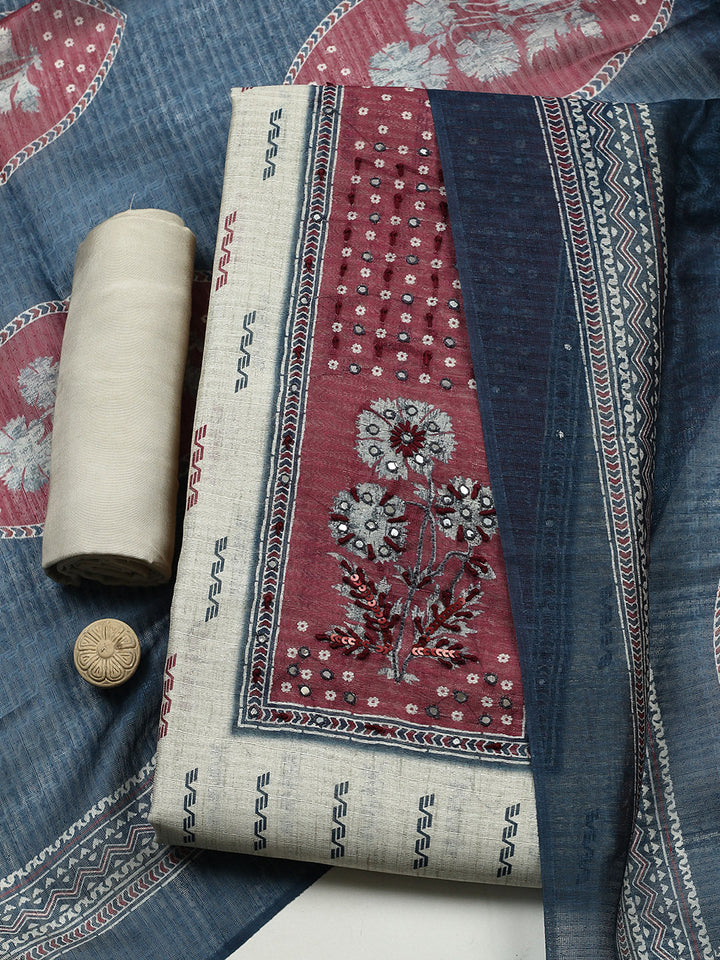 Printed Cotton Blend Unstitched Suit With Pant &amp; Dupatta
