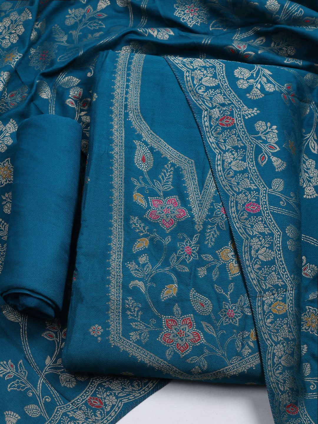 Pashmina Woven Design Unstitched Kurta With Pant &amp; Dupatta
