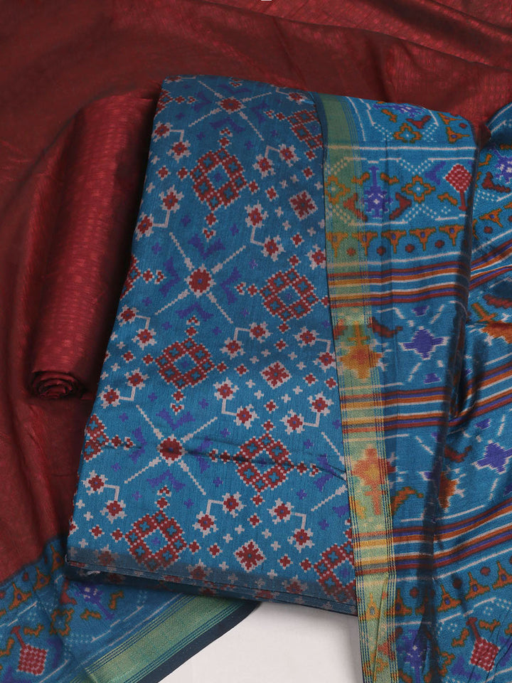 Printed Art Silk Unstitched Kurta With Pant &amp; Dupatta