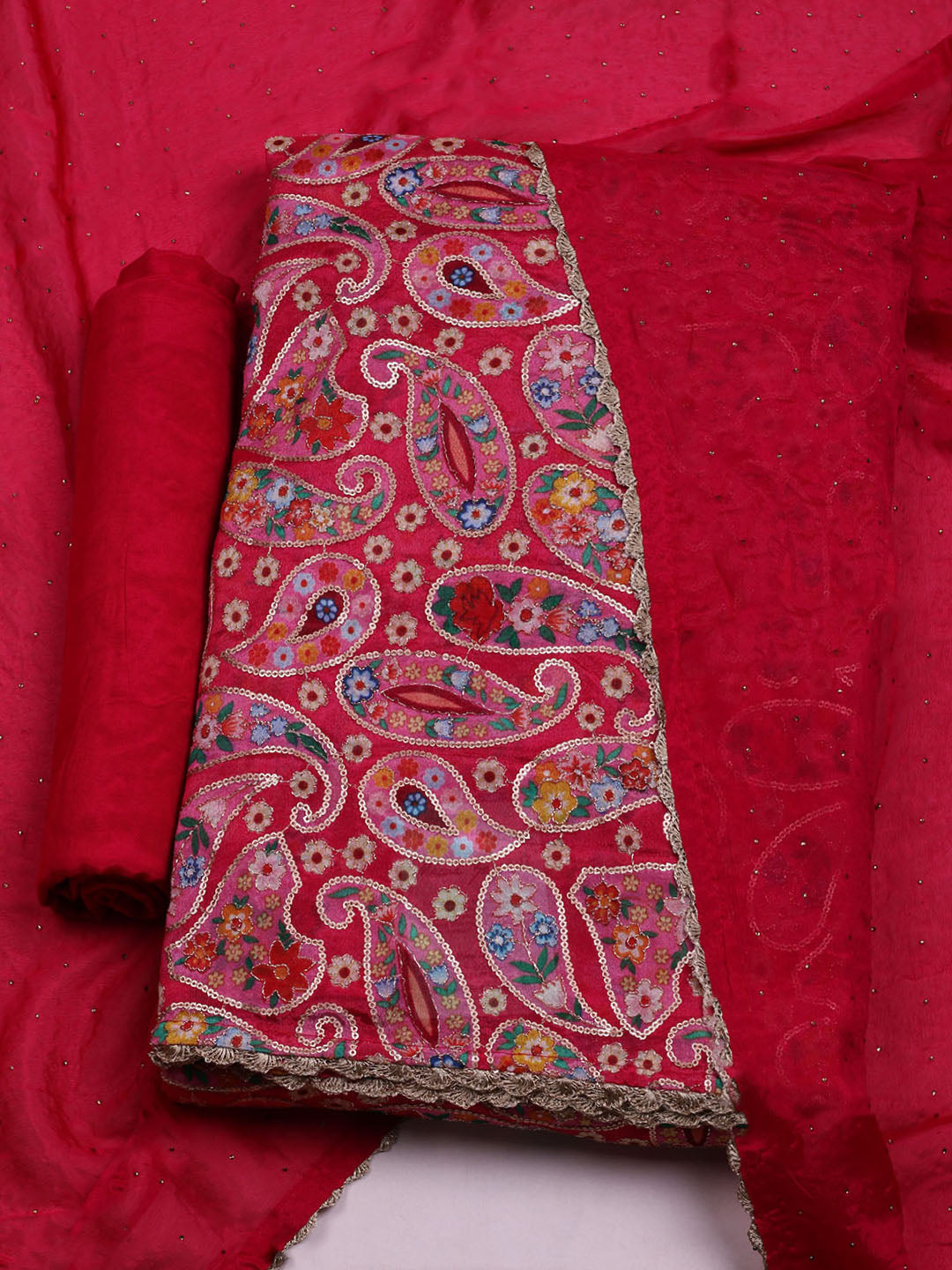 Embroidered Chinon Unstitched Suit With Dupatta