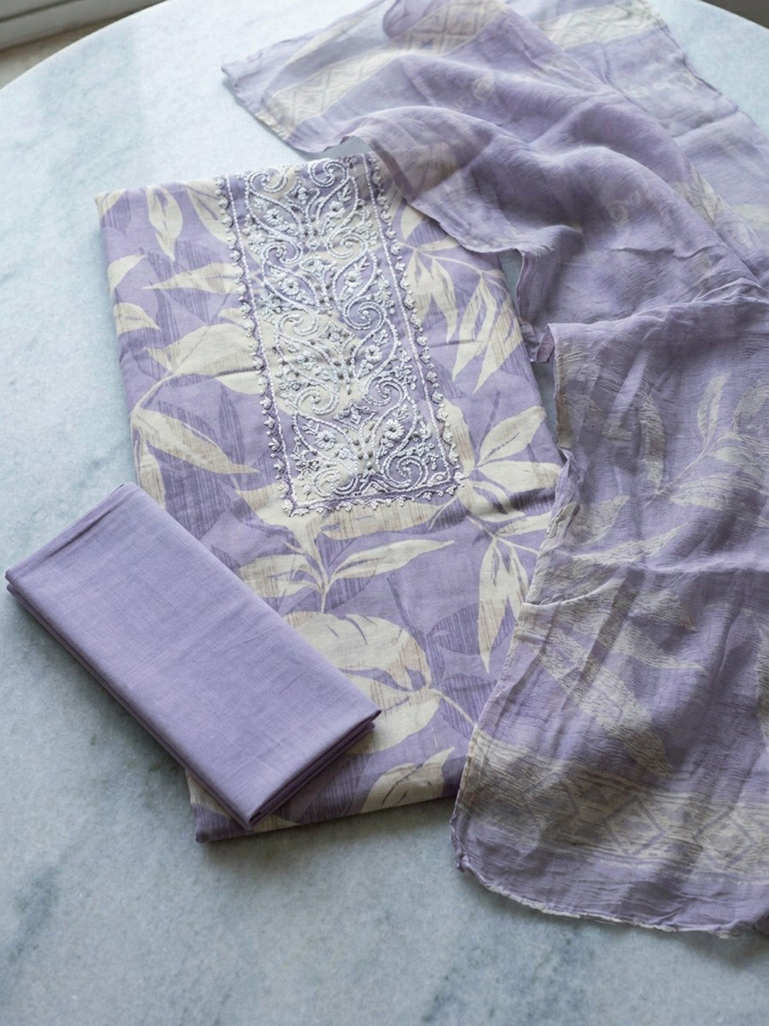 Printed Cotton Blend Unstitched Suit With Pant &amp; Dupatta