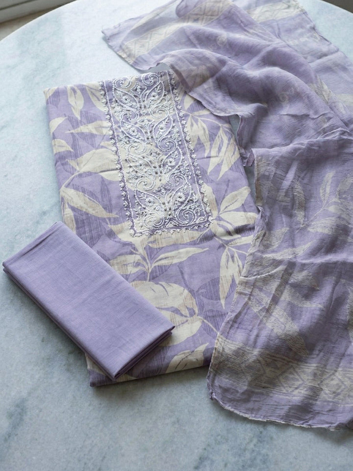 Printed Cotton Blend Unstitched Suit With Pant &amp; Dupatta