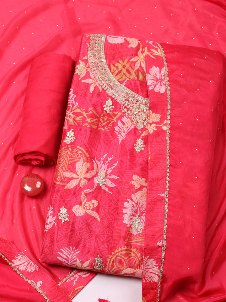 Embroidered Chinon Unstitched Suit With Pant &amp; Dupatta