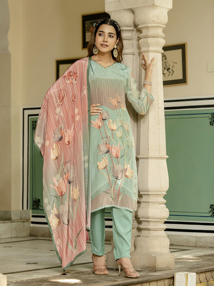 Printed Crepe Kurta With Pant &amp; Dupatta