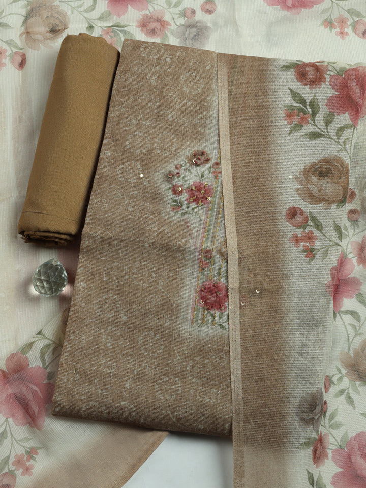 Printed Linen Blend Unstitched Suit With Pant &amp; Dupatta