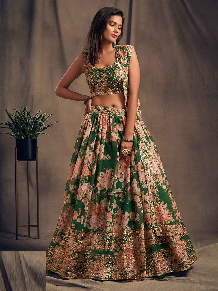 Printed Organza Unstitched Choli With Lehenga &amp; Dupatta