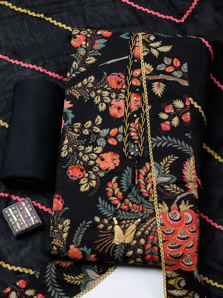 Embroidered Cotton Blend Unstitched Suit With Pant &amp; Dupatta