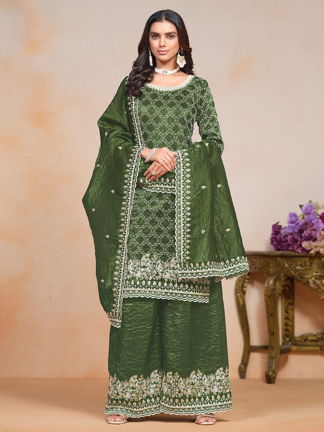 Embroidered Gold Crush Semi Stitched Kurta With Plazzo &amp; Dupatta