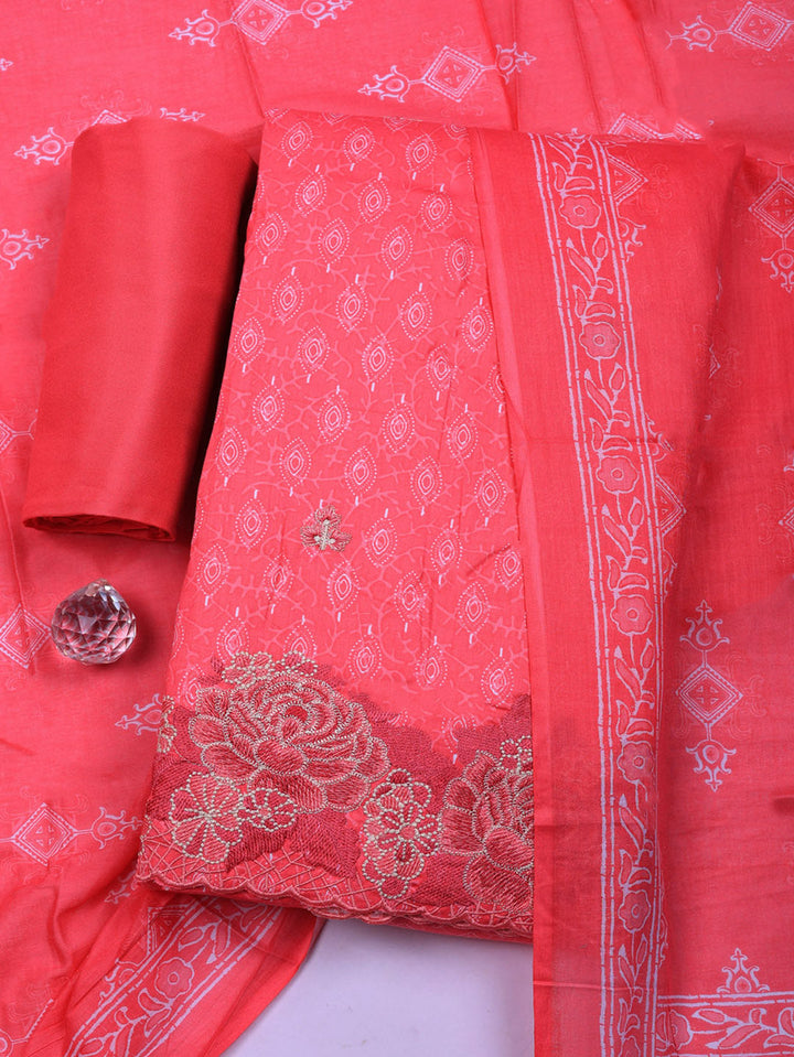 Printed Cotton Blend Unstitched Suit With Pant &amp; Dupatta