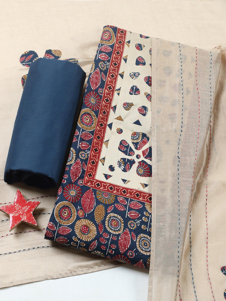 Embroidered, Cotton Blend Unstitched Suit With Pant &amp; Dupatta