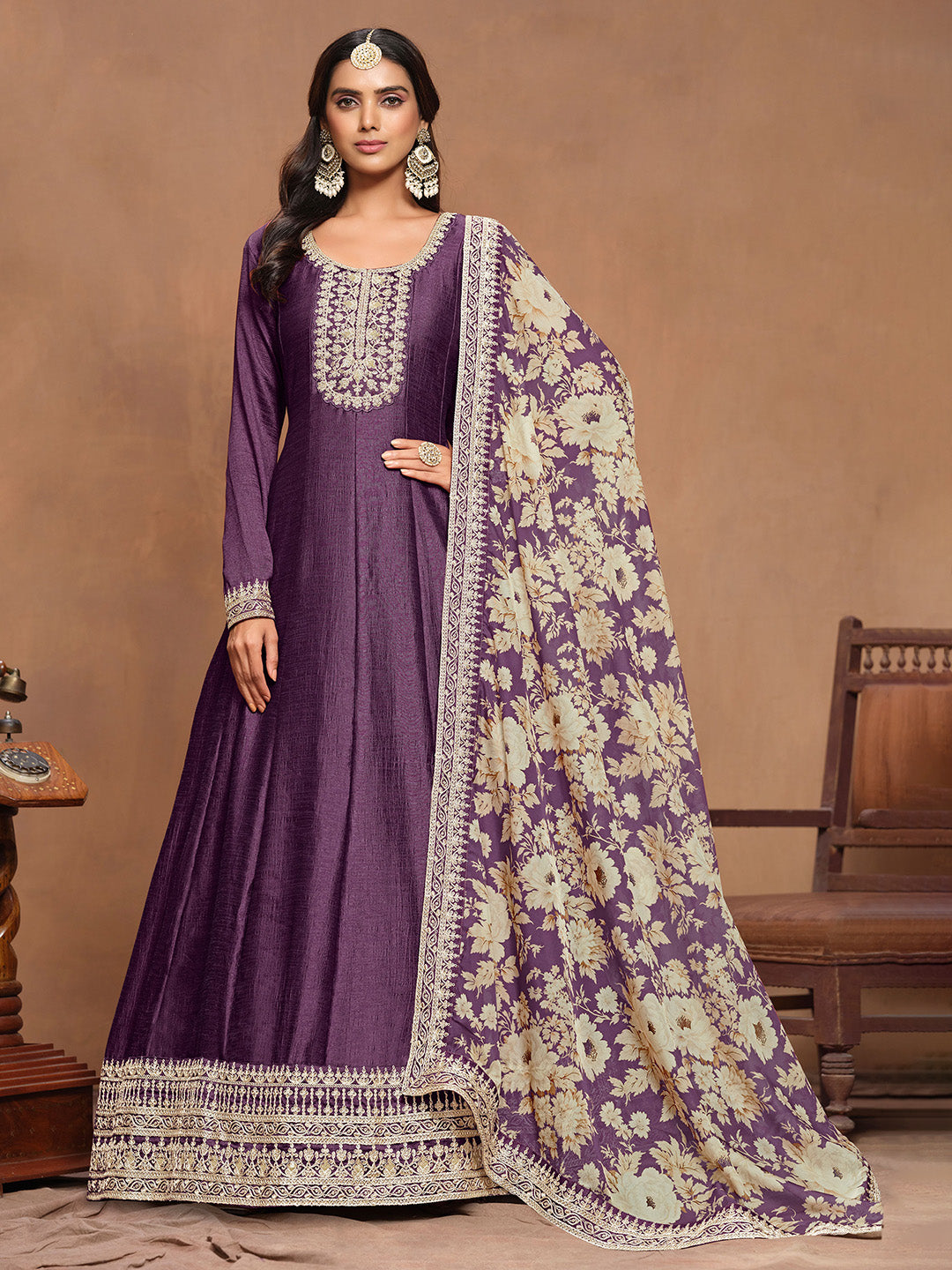 Embroidered Art Silk Semi Stitched Gown With Dupatta