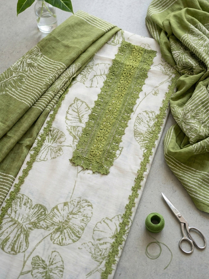 Printed Cotton Blend Unstitched Suit With Pant &amp; Dupatta