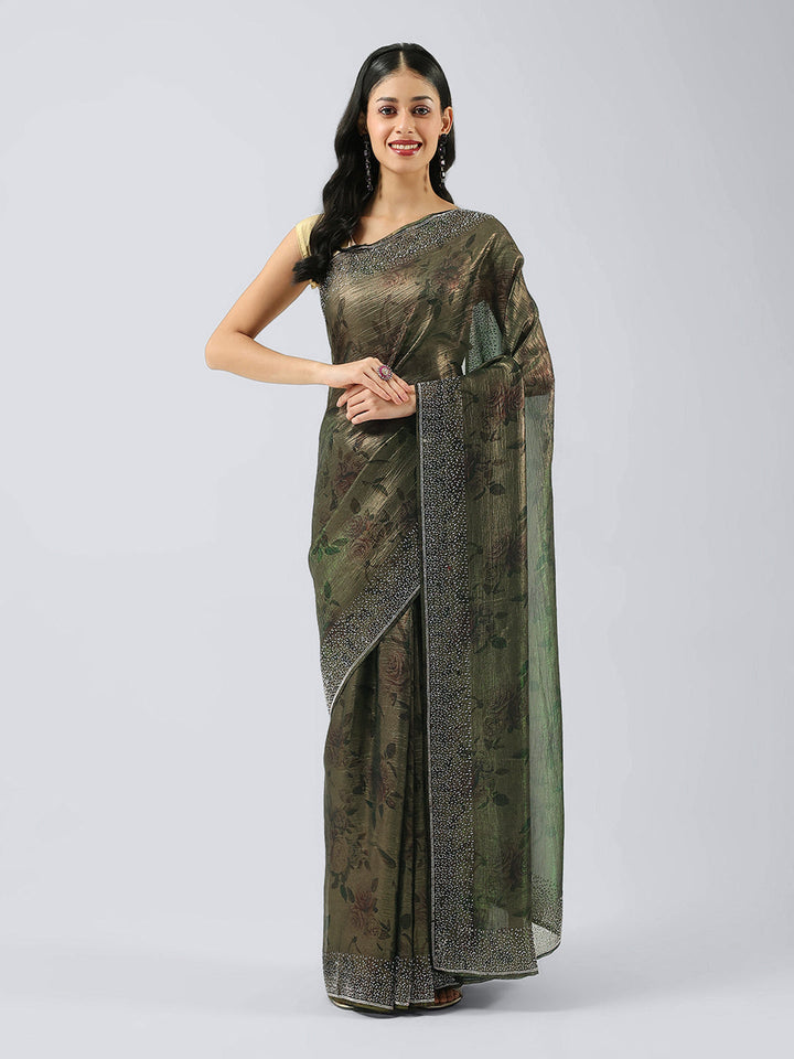 Printed &amp; Stone Border Chiffon Saree