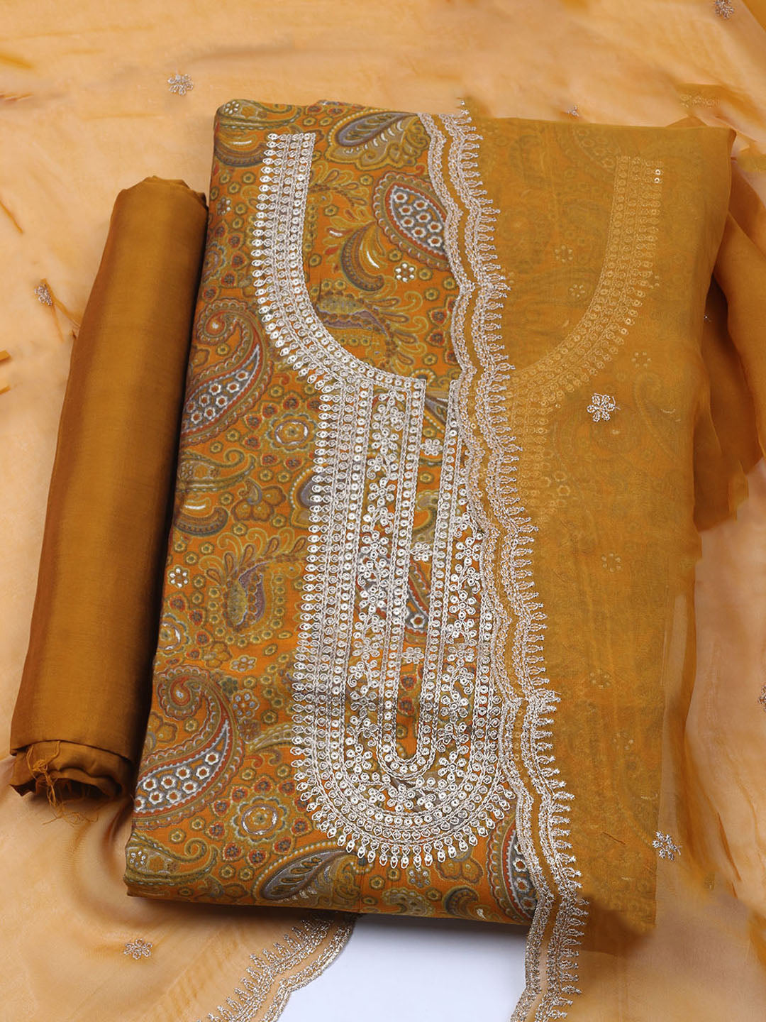 Neck Embroidered Cotton Blend Unstitched Suit With Dupatta