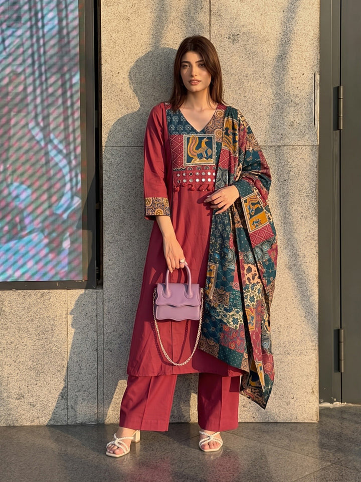 Maroon Printed Cotton Blend Kurta With Pant &amp; Dupatta