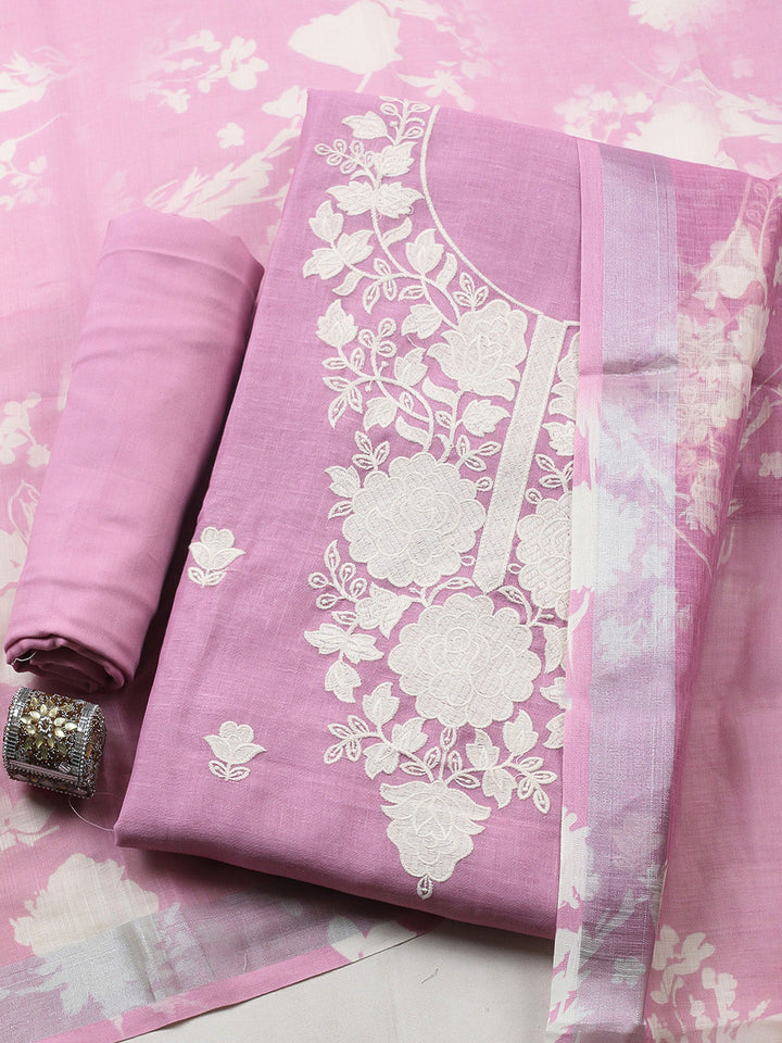 Embroidered Linen Blend Unstitched Suit With Pant &amp; Dupatta