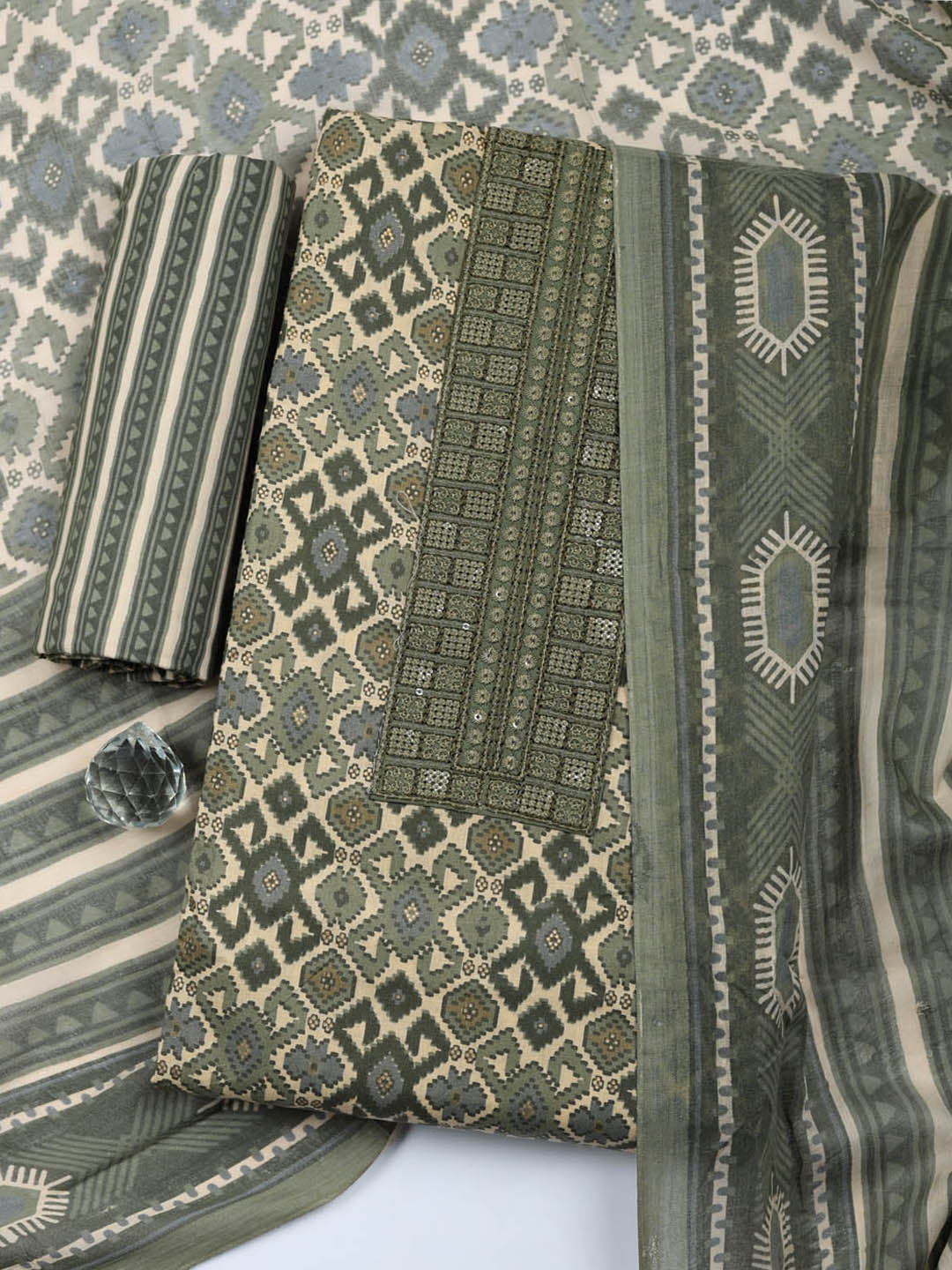 Printed Cotton Blend Unstitched Suit With Pant &amp; Dupatta