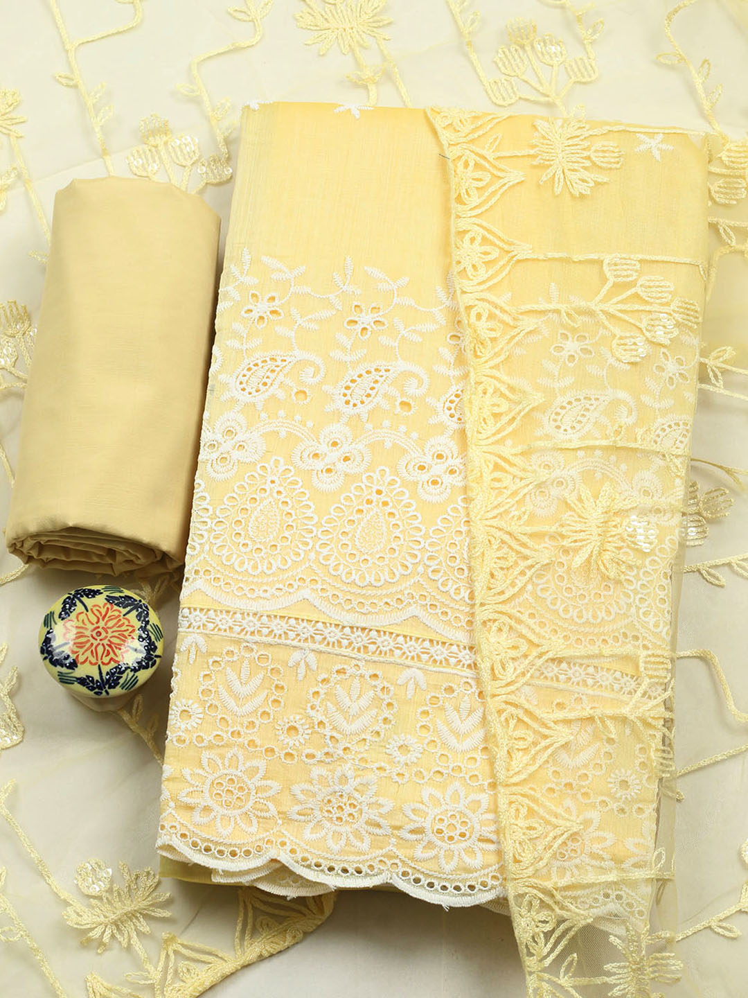 Embroidered Chanderi Unstitched Suit With Pant &amp; Dupatta