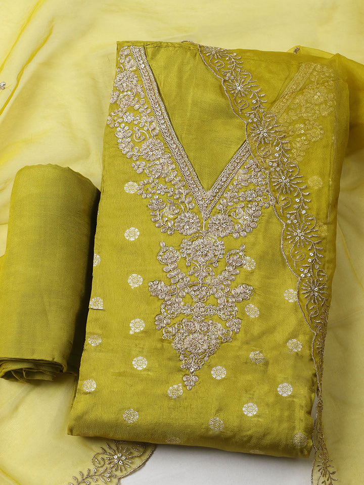 Embroidered Chanderi Unstitched Kurta With Pant &amp; Dupatta