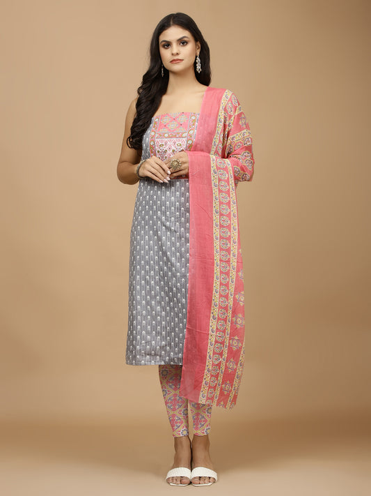 Neck Patti Printed Cotton Unstitched Suit With Dupatta