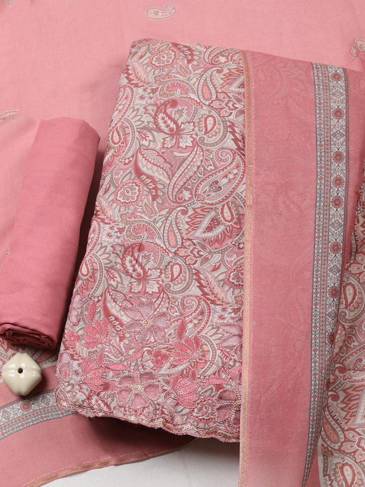 Embroidered Muslin Unstitched Suit With Pant &amp; Dupatta