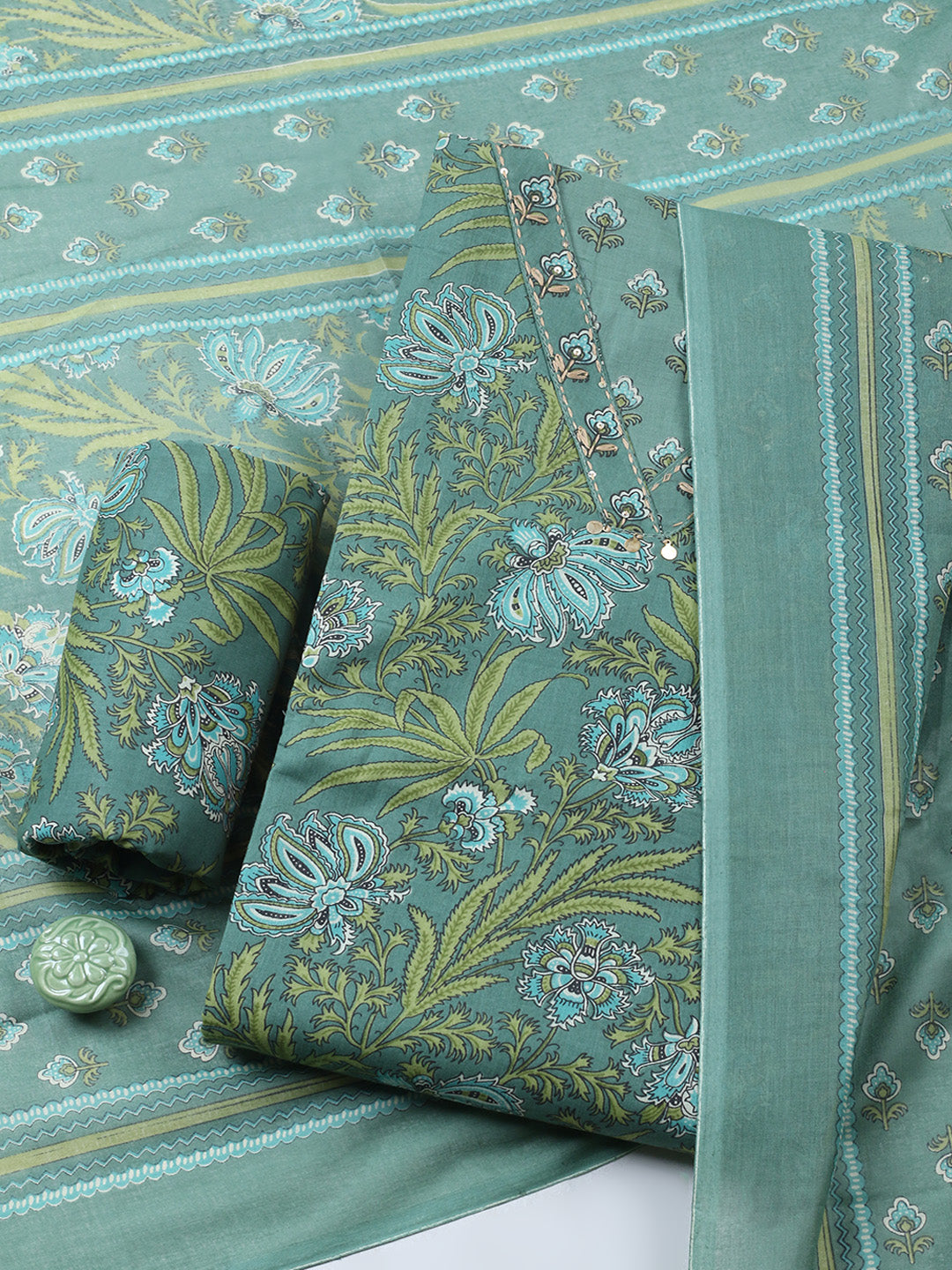 Printed Chanderi Unstitched Suit With Pant &amp; Dupatta