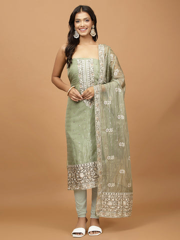 Neck Embroidered Organza Unstitched Suit Piece With Dupatta