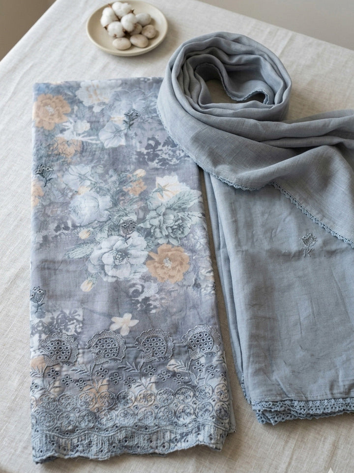 Embroidered Cotton Blend Unstitched Suit With Pant &amp; Dupatta