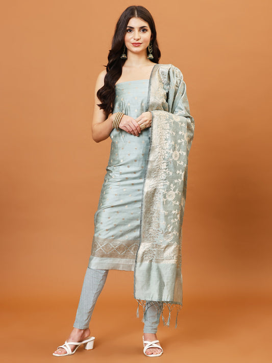 Woven Banarasi Chanderi Unstitched Suit With Dupatta