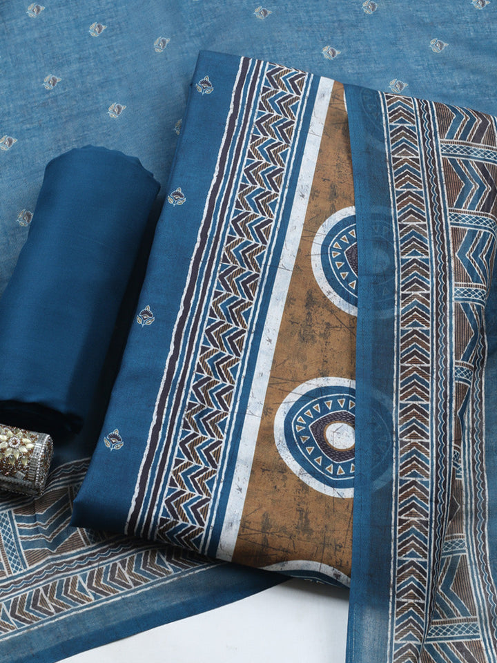 Embroidered Cotton Blend Unstitched Suit With Pant &amp; Dupatta