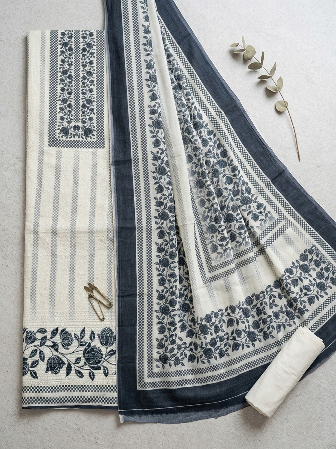 Embroidered Cotton Blend Unstitched Suit With Pant &amp; Dupatta