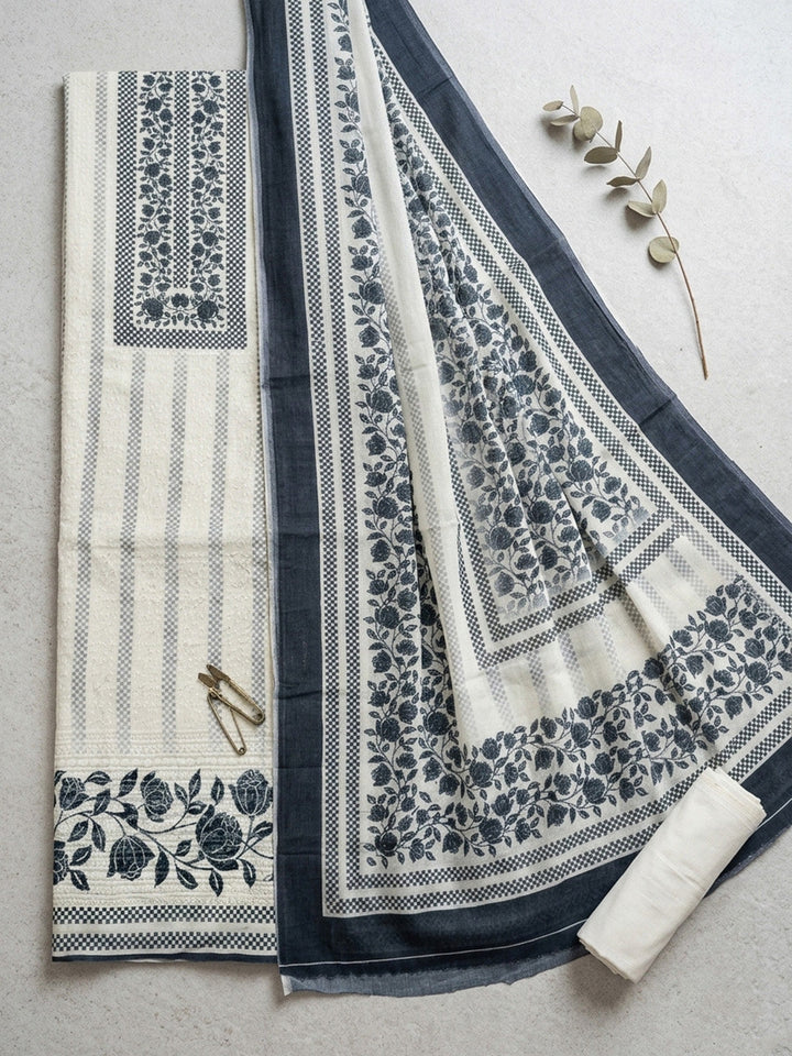 Embroidered Cotton Blend Unstitched Suit With Pant &amp; Dupatta