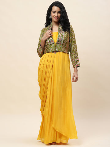 Resham Embroidery Crepe Gown Dress With Jacket