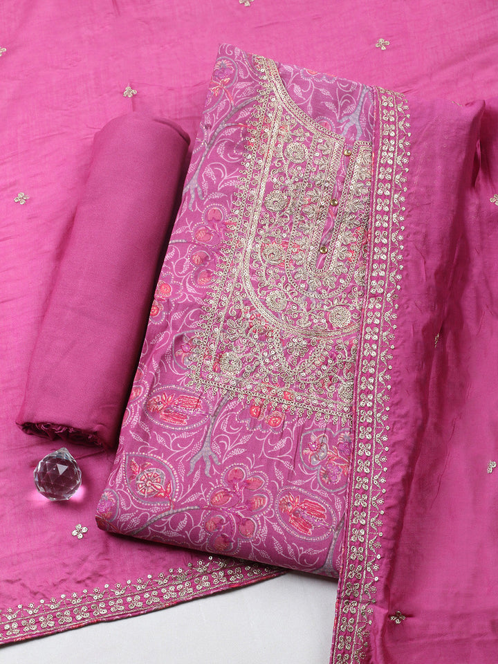 Printed Cotton Blend Unstitched Suit With Pant &amp; Dupatta
