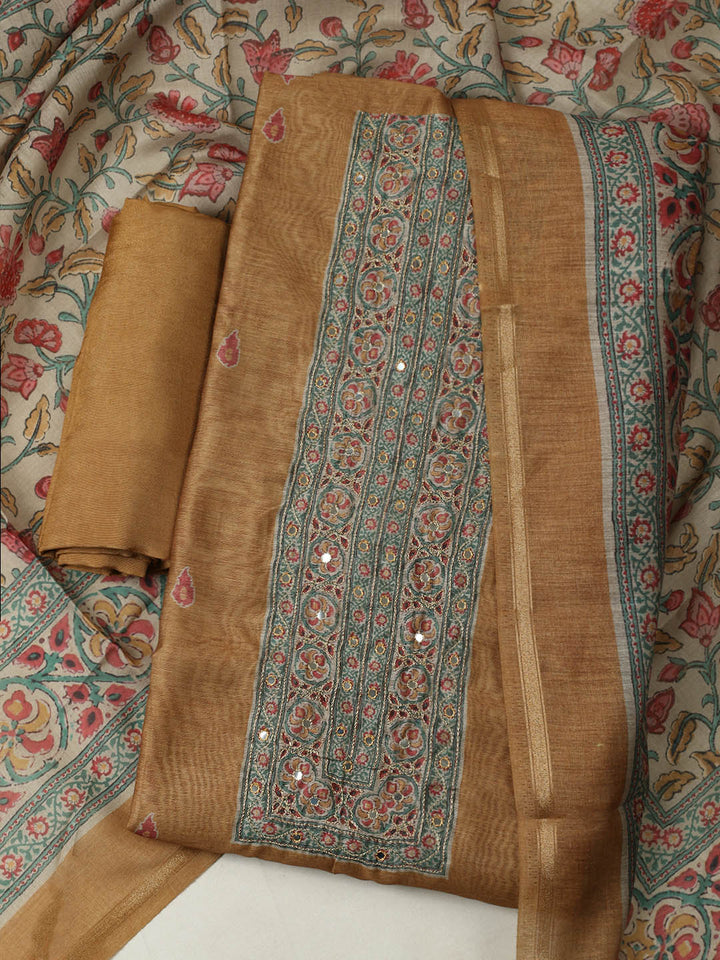 Printed Chanderi Unstitched Suit With Pant &amp; Dupatta