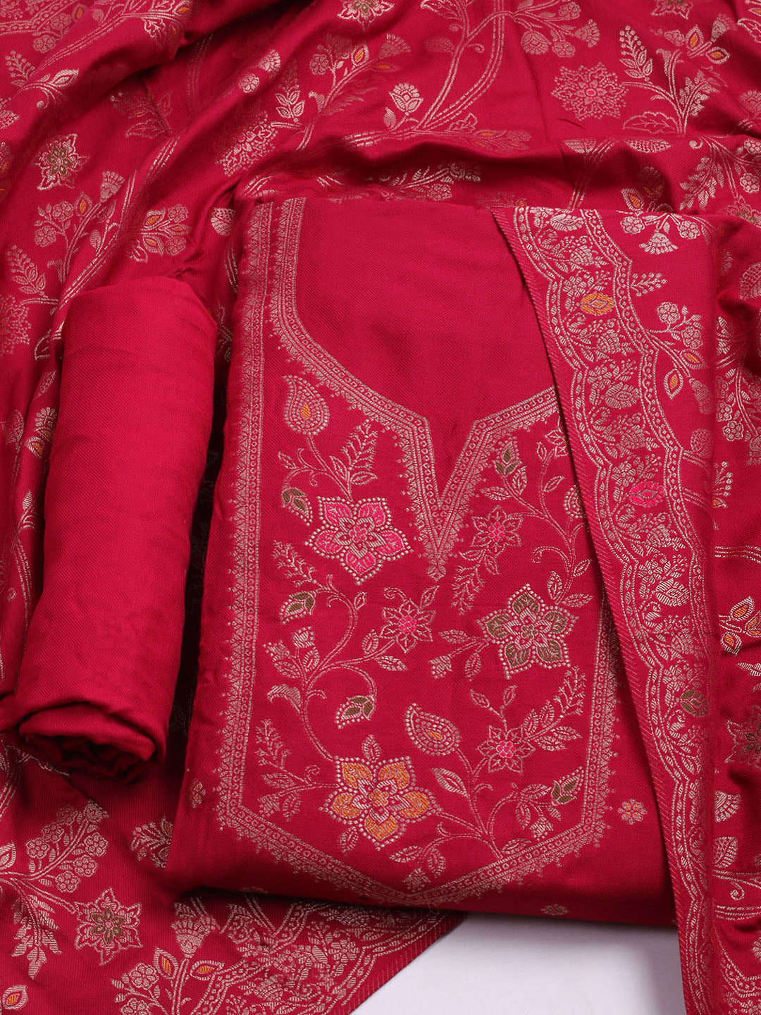 Pashmina Woven Design Unstitched Kurta With Pant &amp; Dupatta