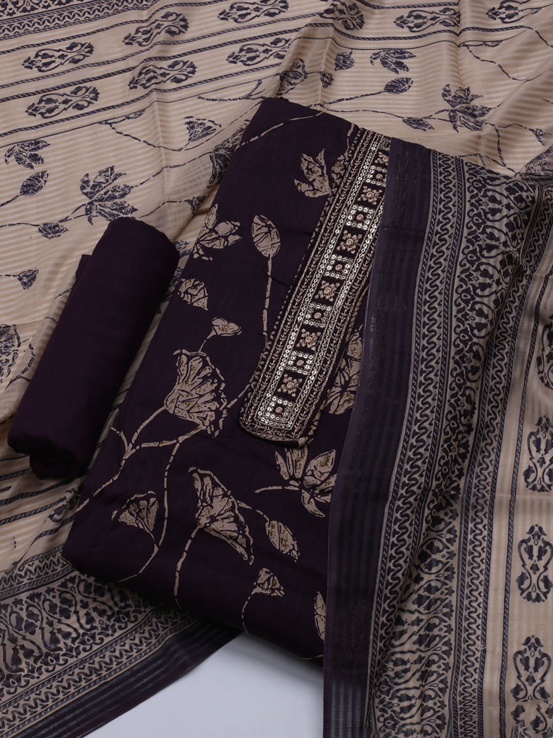 Patch Neck Cotton Blend Unstitched Suit With Dupatta