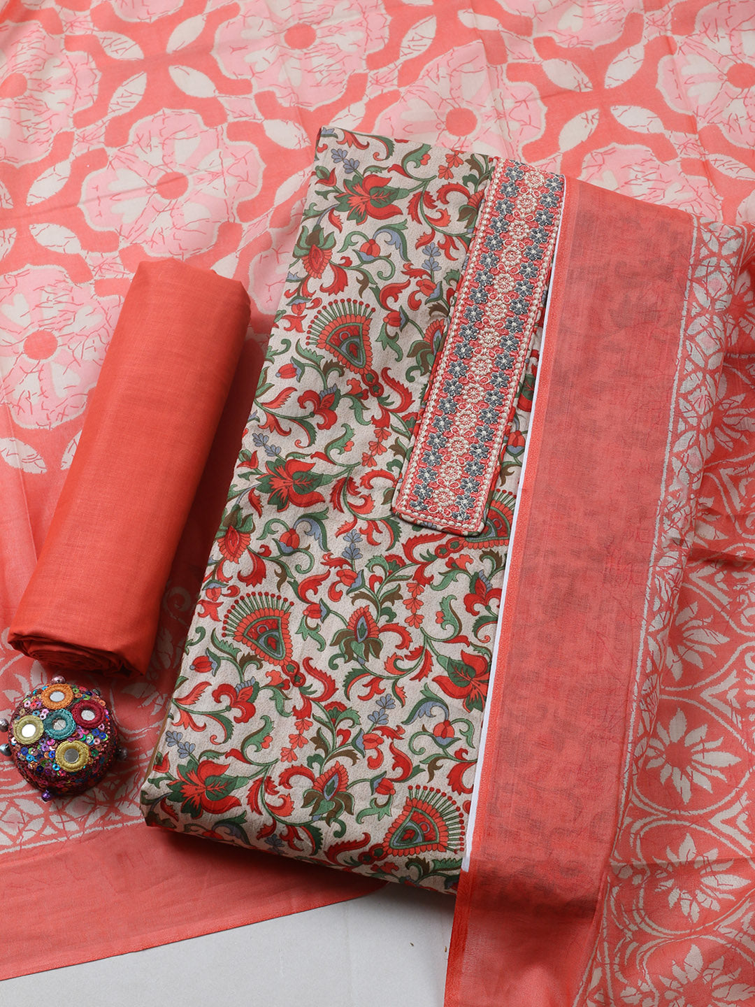 Printed Cotton Blend Unstitched Suit With Pant &amp; Dupatta