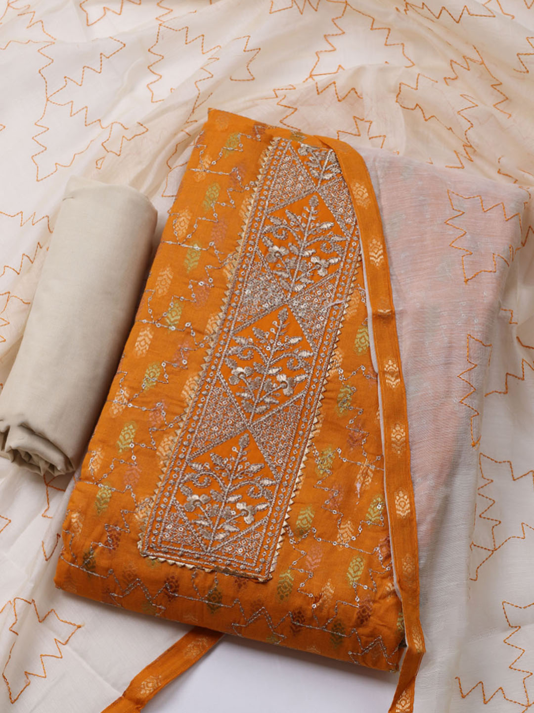 Neck Embroidered Cotton Blend Unstitched Suit With Dupatta