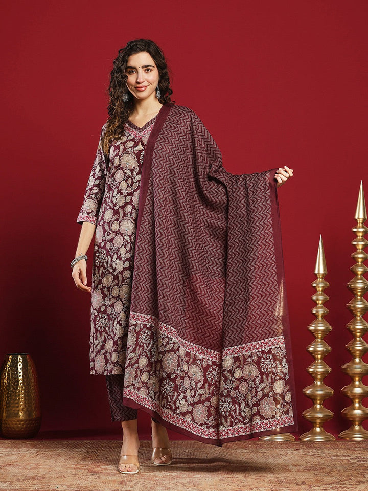 Printed Cotton Kurta With Pant &amp; Dupatta