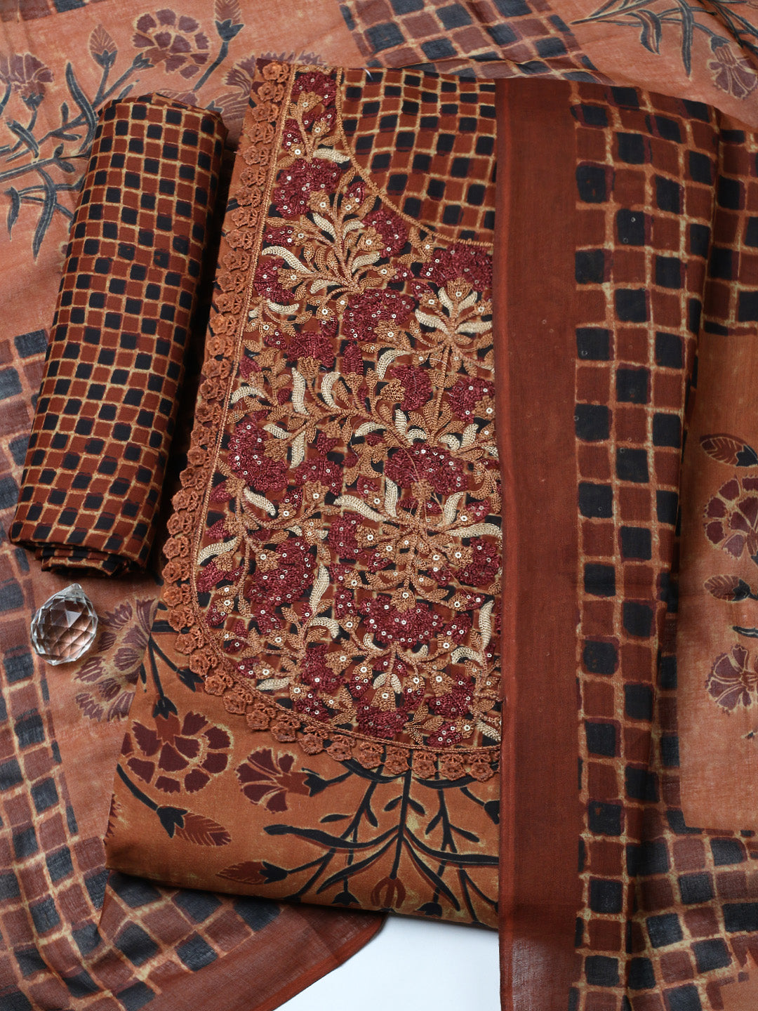 Embroidered Cotton Blend Unstitched Suit With Pant &amp; Dupatta