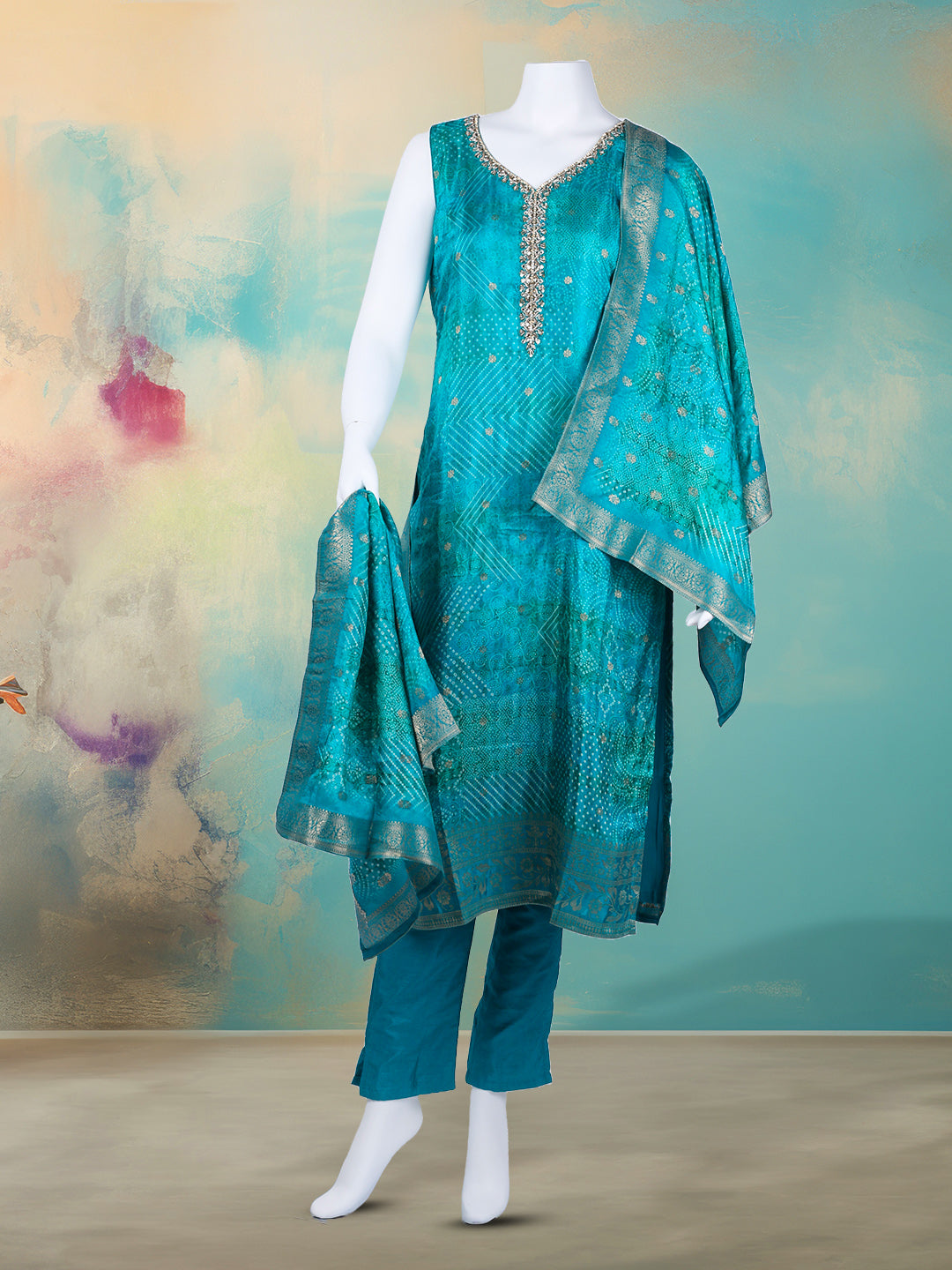 Bandhani Printed Art Silk Kurta With Pants & Dupatta