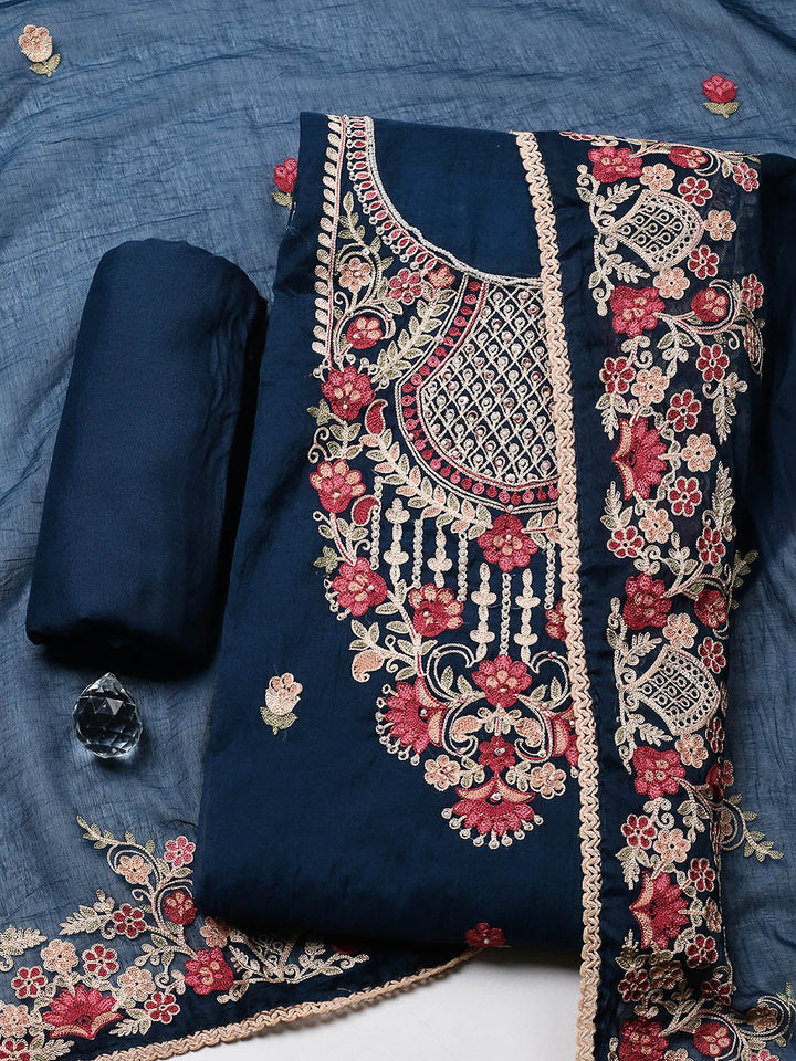 Embroidered Cotton Blend Unstitched Suit With Pant &amp; Dupatta