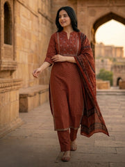 Embroidered Cotton Blend Kurta With Pant & Dupatta