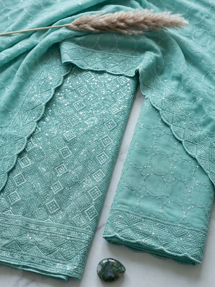 Embroidered Georgette Unstitched Suit With Pant &amp; Dupatta