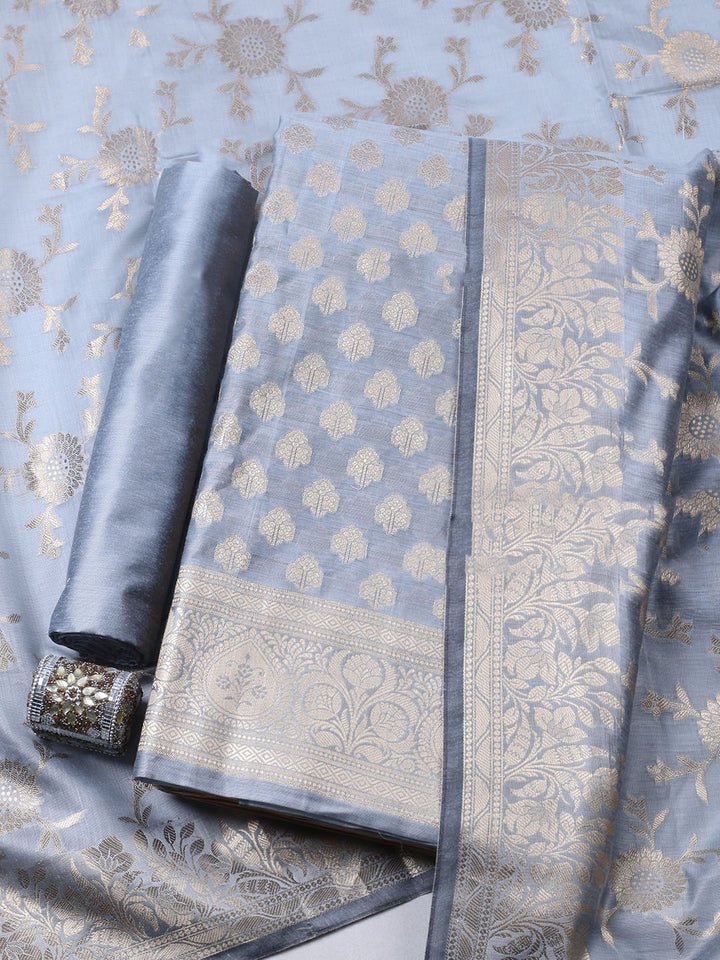 Grey Blue Woven Design Chanderi Unstitched Dress Material