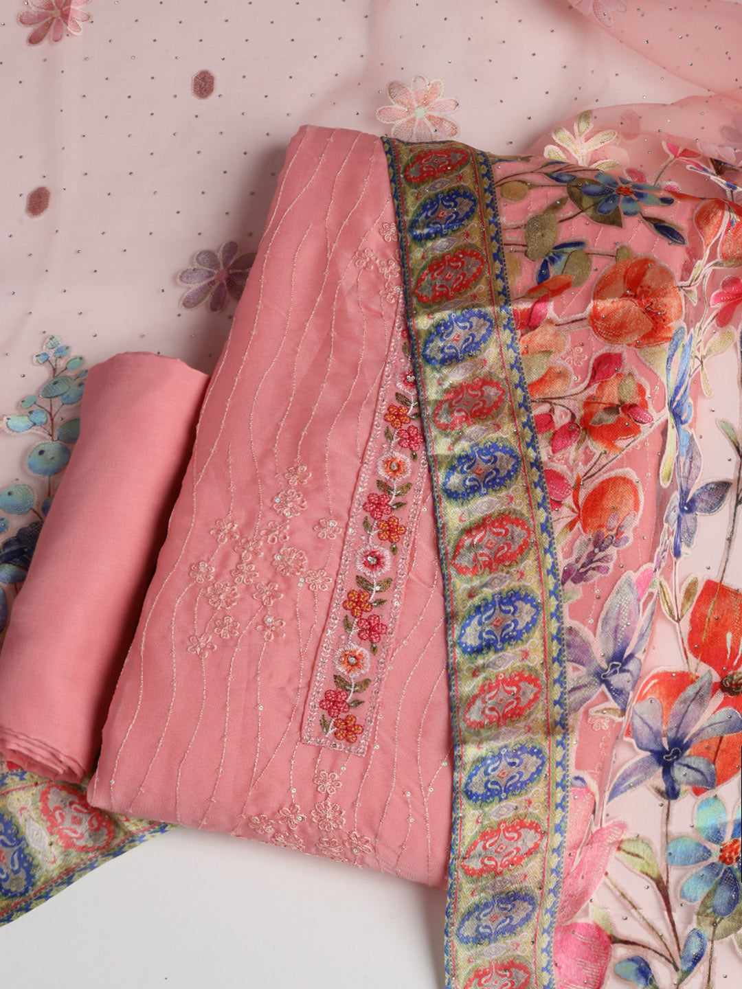 Embroidered Chinon Unstitched Suit With Dupatta