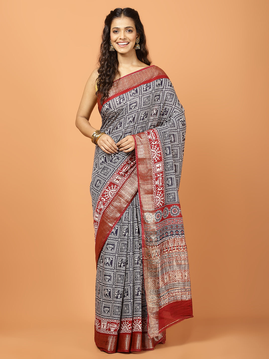 Floral Zari Border Printed Art Silk Woven Saree