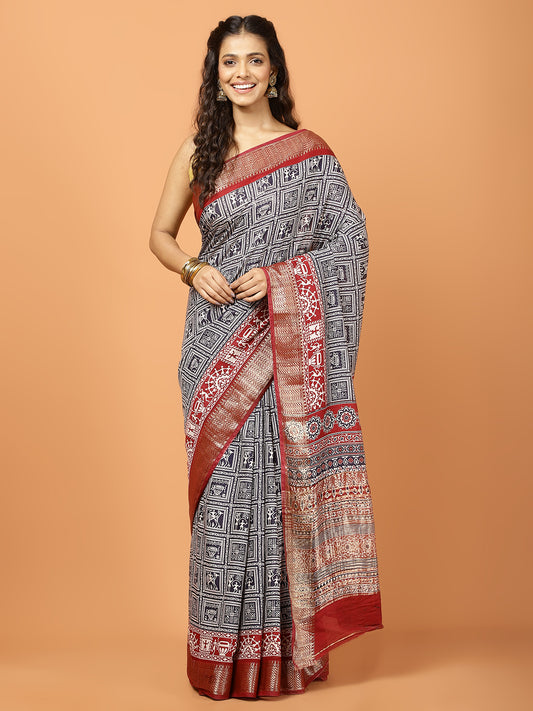 Floral Zari Border Printed Art Silk Woven Saree