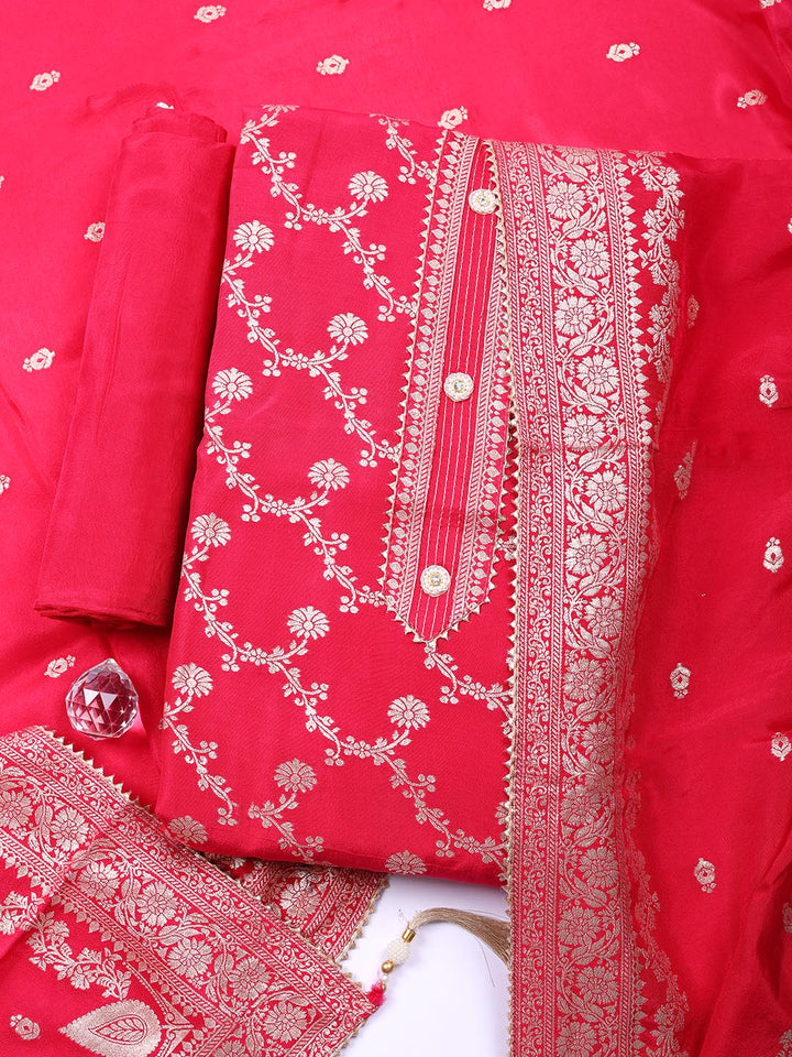Embroidered Chanderi Unstitched Suit With Pant &amp; Dupatta